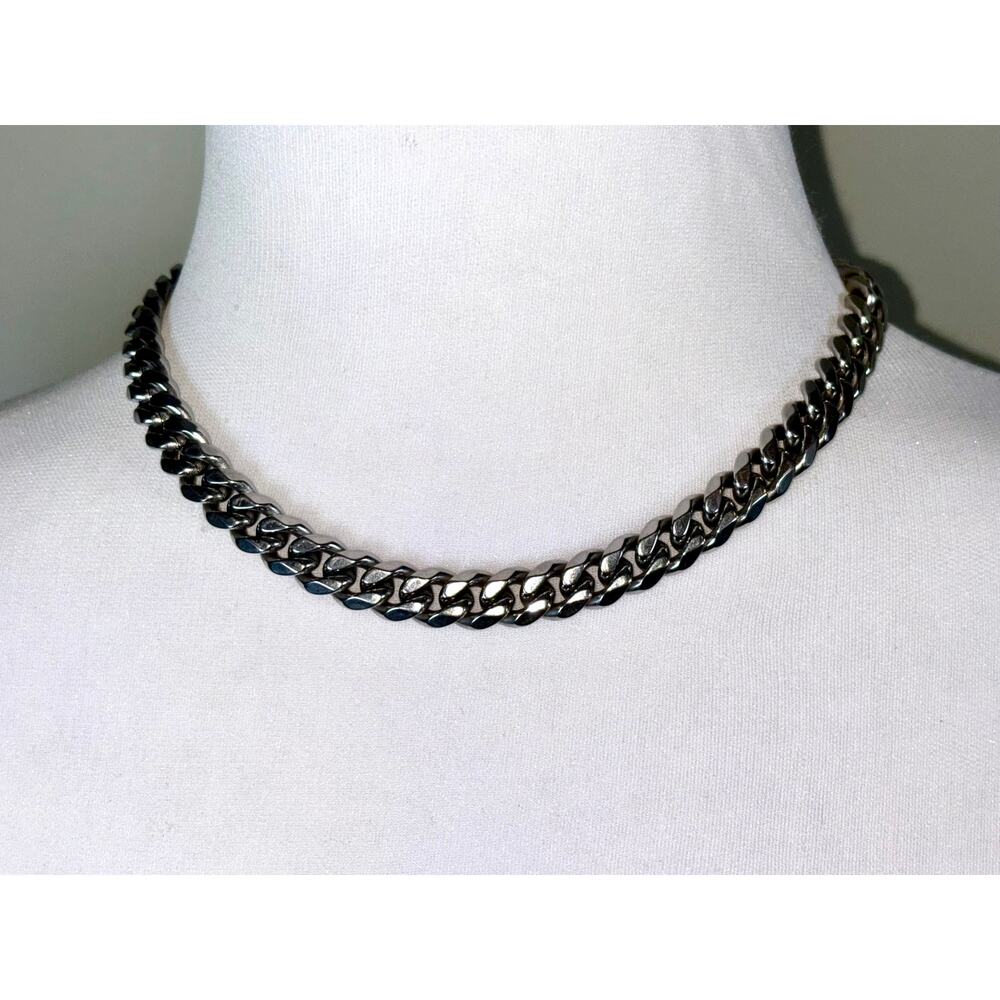 Unisex Silver Tone Chunky Cuban Link Chain Choker Collar Necklace EUC